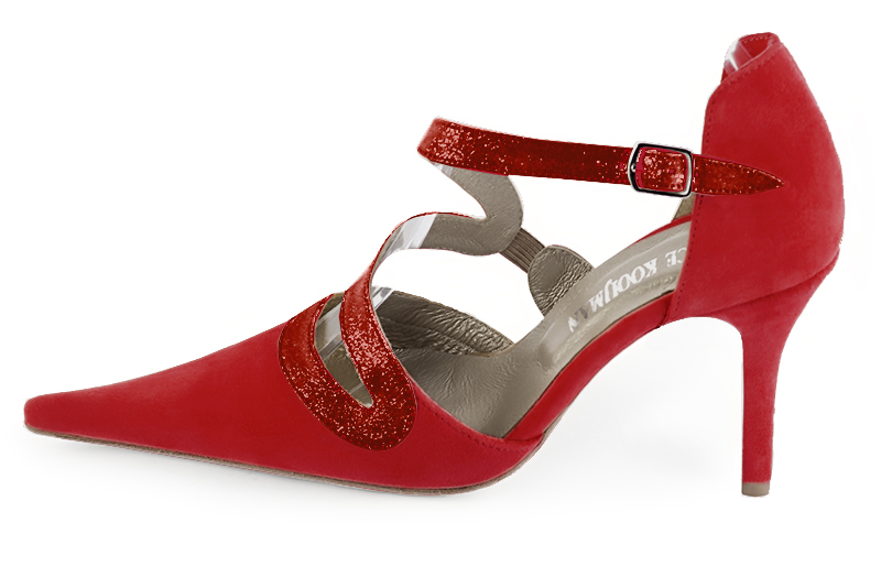 Cardinal red women's open side shoes, with snake-shaped straps. Pointed toe. High slim heel. Profile view - Florence KOOIJMAN